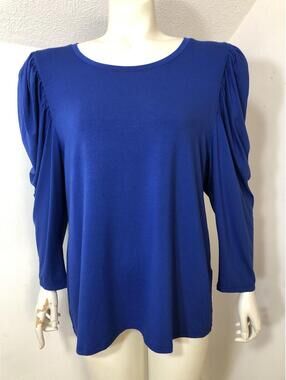 Chicos  Womens 2 Medium Royal Blue Knit Top Gathered Puffy Shoulders Scoopneck